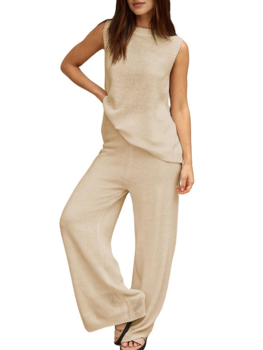 Women's 2 Piece Lounge Set Bow Sweater Vest Wide Leg Pants Summer Matching Sets